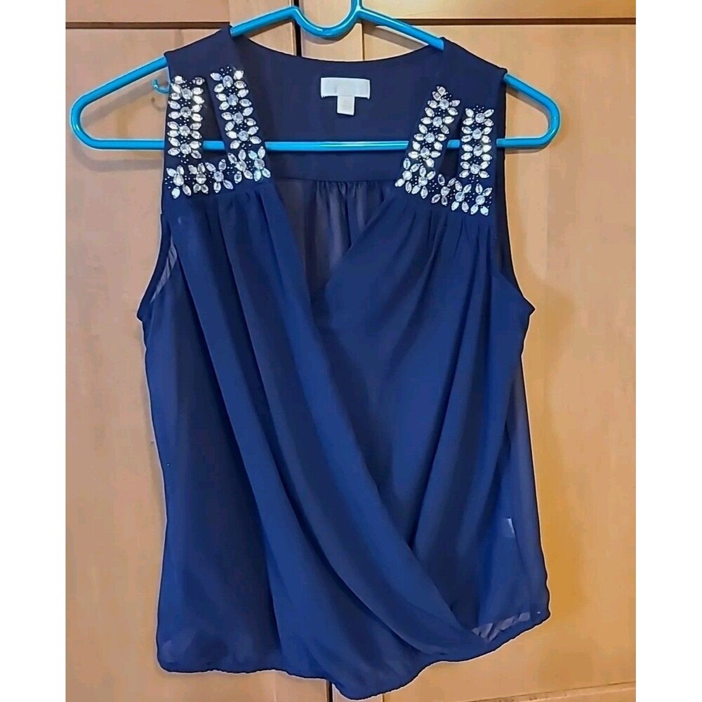*C* Charming Charlie Embellished Neckline Top Navy Small Sheer Y2K Party